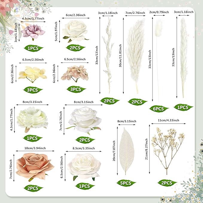 33 PCS Boho Cake Topper Decorations Vintage Artificial Rose Flowers Leaves Various Dried Pampas Grass for Cake Decorating Kit for Wedding Bridal Birthday Party Supplies (Light Brown)