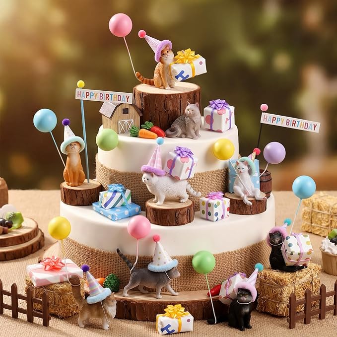 Weysat 37 Pcs Cat Birthday Party Decorations, Cat Cake Cupcake Toppers with Mini Hats Miniature Flags Gift Boxes Balls Figure Models for Kitty Birthday Party Supplies Adults