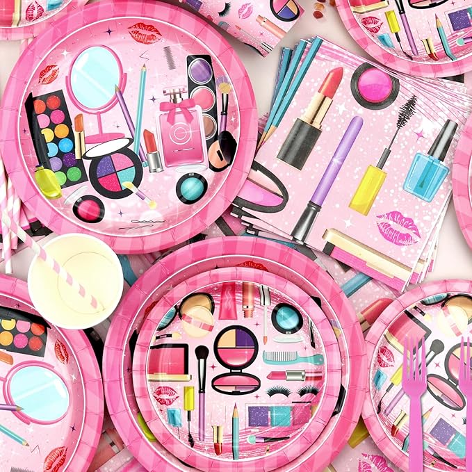 Spa Party Supplies - Makeup Party Tableware - Dinner Plates, Dessert Plates, Napkins, Forks for Girls Women Slumber Pamper Spa Birthday Party Decoration, Serves 25