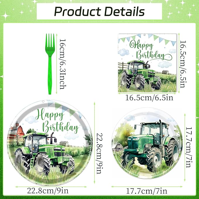 Rakuto Tractor Birthday Party Plates Napkins Tableware Set, Tractor Birthday Party Decorations Supplies for Kids, Disposable Paper Green Farm Dinnerware Party Decor Serves 24