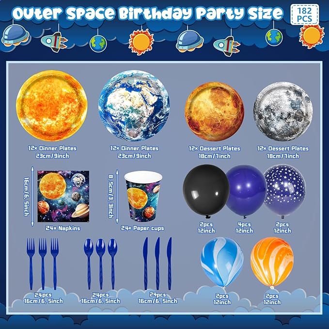 182pcs Outer Space Birthday Party Supplies Space Party Plates Napkins Disposable Cups Tableware Set Tablecloth Banner and Balloons Boys Space Solar System Birthday Party Decorations 24 Serve