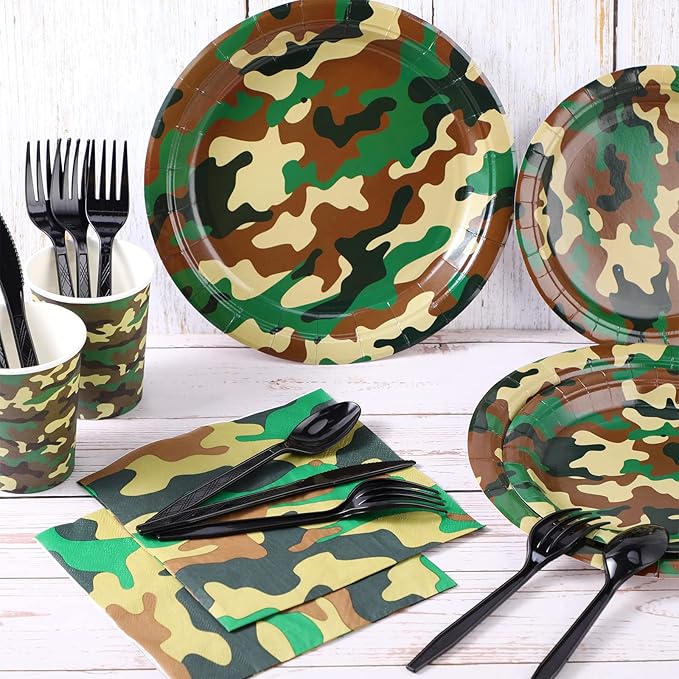 Rtteri 171 Pcs Camo Birthday Party Supplies Serves 24 Camouflage Themed Party Supplies Set with Camo Tablecloth Plates Napkins Cups Tableware Banner for Army Military Birthday Decorations