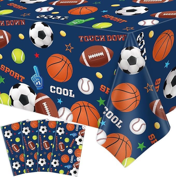 4 Pack Sports Party Decorations Sport Tablecloth Sport Theme Birthday Table Cloth Soccer Basketball Football Baseball Table Covers for Boys All Star Sports Themed Party Supplies 51 x 86 in