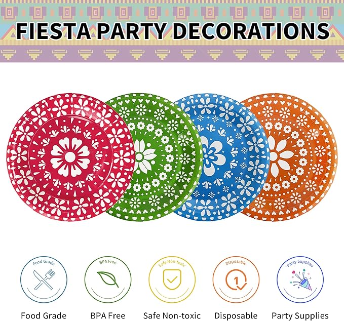 48PCS Fiesta Party Plates, 7 Inch Fiesta Paper Plates Cinco De Mayo Decorations Mexican Theme Party Decorations Supplies for Taco Birthday Baby Shower