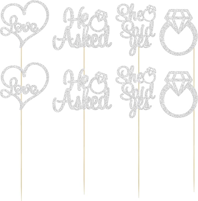 Gyufise 12Pcs He Asked She Said Yes Centerpiece Sticks Double Sided Love Heart I Do Ring Table Centerpiece Sticks for Wedding Engagement Bridal Theme Party Supplies Silver
