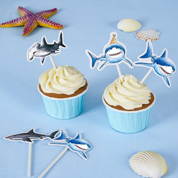 WERNNSAI 36 PCS Shark Cupcake Toppers - Shark Cake Toppers Ocean Birthday Party Decorations Summer Cake Toppers Under The Sea Cake Decors for Kids Ocean Baby Shower Party Supplies