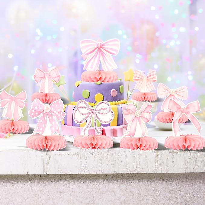 Gyufise 9Pcs Pink Bow Party Honeycomb Centerpieces Decorations Pink Bow Coquette Birthday Decorations Pink Bow Paper Coquette Party Supplies for Bridal Engagement Bachelorette Wedding Party Decor