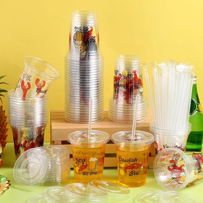 60 Pcs Crawfish Boil Cups Bulk 12 oz Lobster Plastic Cups with Straw Let's Get Cray Disposable Clear Crawfish Drinking for Crayfish Crab Seafood Boil Party Decoration Supplies