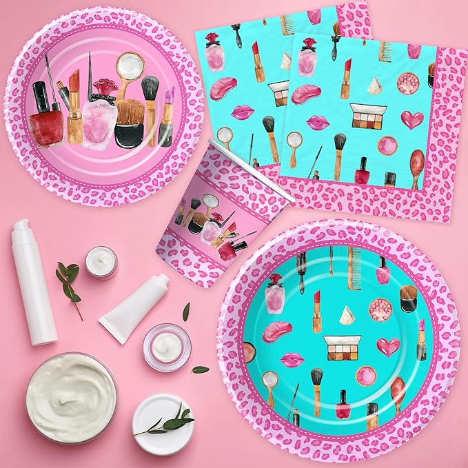 Spa Party Decorations Tableware For Girls, Spa Day Makeup Birthday Party Supplies, Paper Plate, Napkin, Tablecloth, Disposable Fork | Serves 24