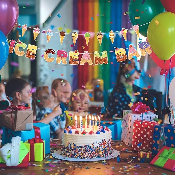 Ice Cream Bar Banner with Ice Cream Cone Garland, Summer Sweet Shop Themed Birthday Decorations, Colorful Garland Photo Prop for Kids Party, Dessert Table, and Theme Party Supplies
