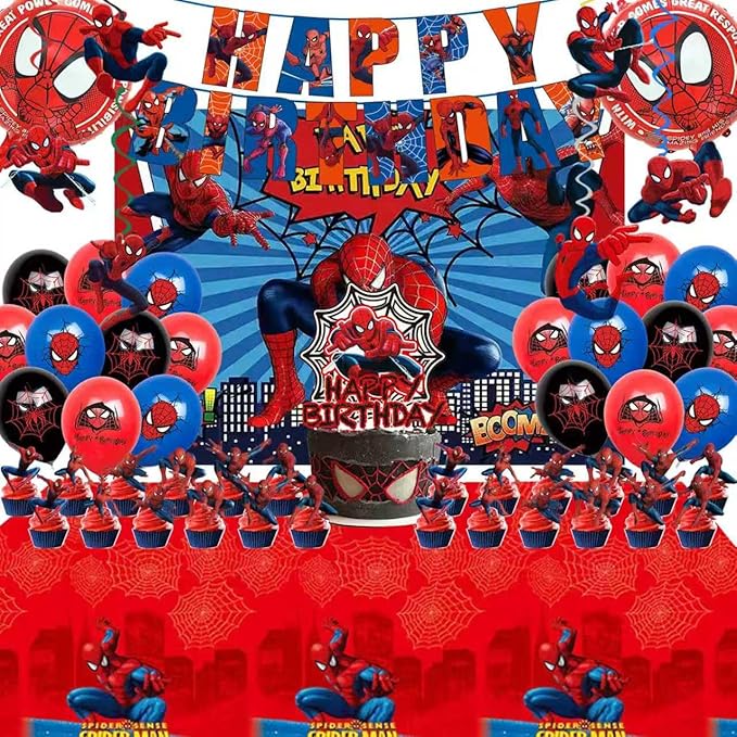 51PCS spidey birthday party supplies, backdrop, "Happy Birthday" banner,tablecloth, large aluminum balloon, small aluminum balloons, latex balloons, cake topper,cupcake toppers, hanging swirls