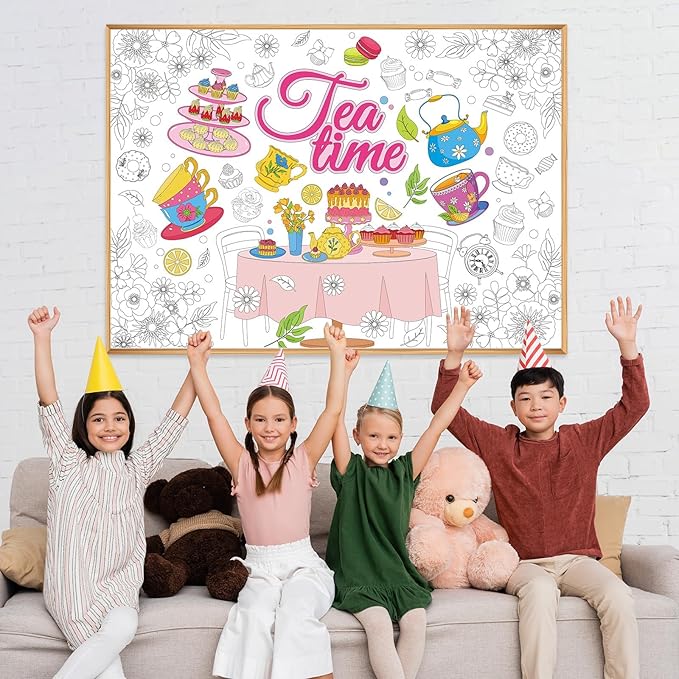 Tea Party Coloring Poster for Kids Spring Giant Coloring Poster Large Flower Tea Time Tablecloth Jumbo Books for Classroom Home Birthday Party Supplies Favor