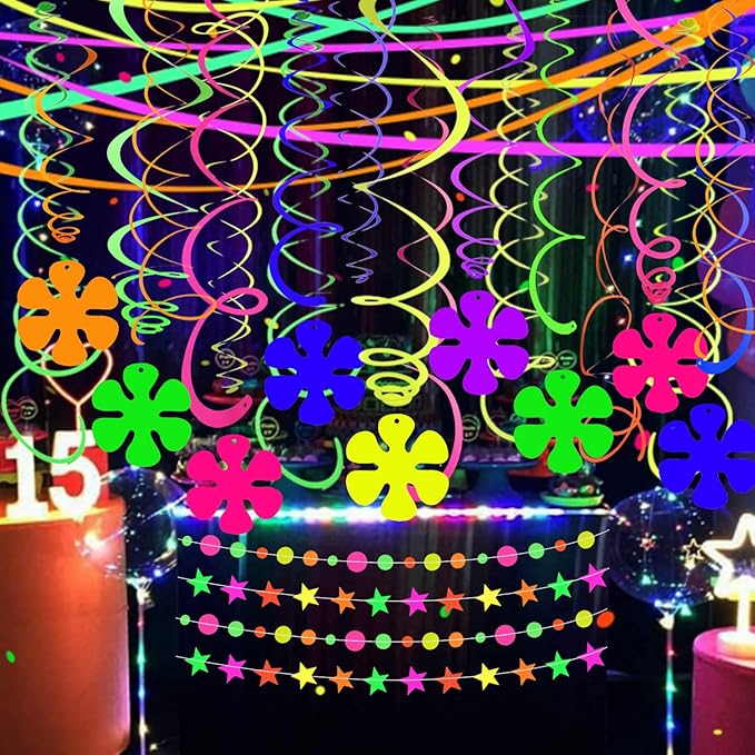 56 Pcs Windmill Flower Ceiling Swirl Decorations Glow in The Dark Party Supplies Flower Neon Hanging Streamers Neon Garlands UV Black Light Neon Party Decorations for Dark Birthday Neon Party Favors