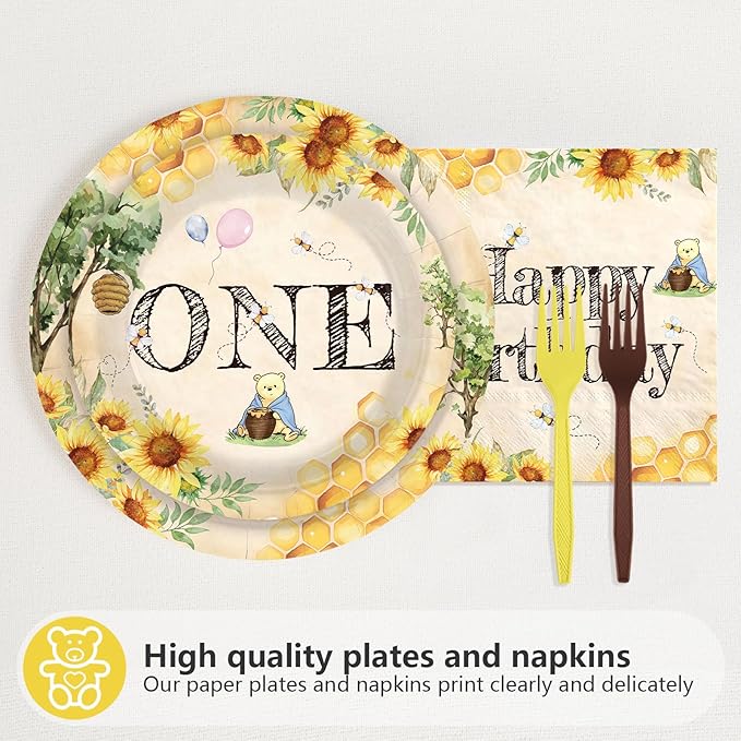 96Pcs Classic Bear 1st Birthday Decorations Watercolor Bear Plates and Napkins Cartoon Theme First Birthday Decoration Favors for Kids One Year Old Bday Baby Shower Party Supplies Serves 24