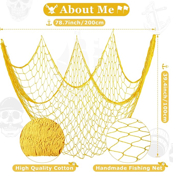 Shappy 2 Pcs Fish Net Decorative 80 x 40 Inch, Wall Hanging Fishnet for Mermaid, Pirate, Nautical, Under the Sea Party Decoration Ocean Themed Hawaii Beach Birthday Halloween Party Supplies(Yellow)
