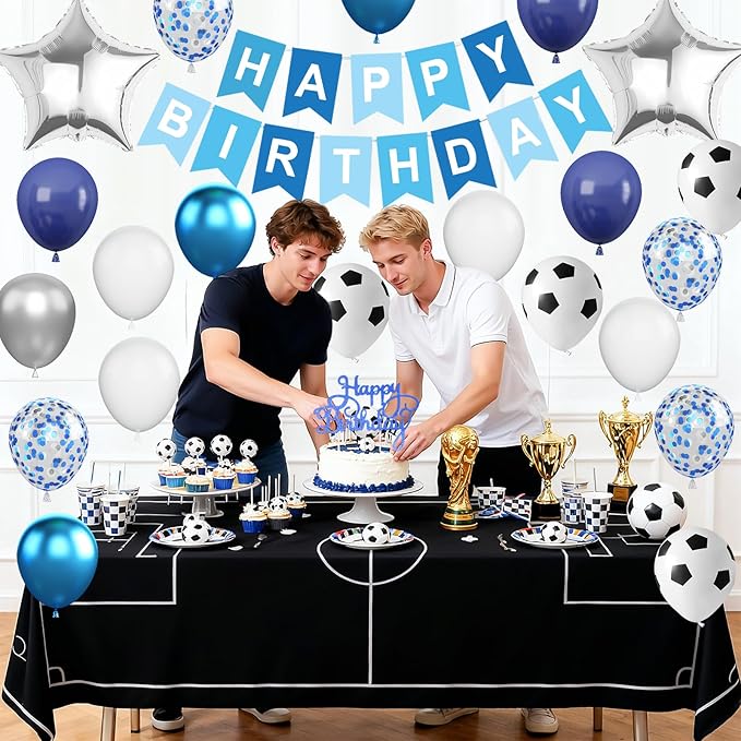 Soccer Birthday Party Decorations for Boys, Soccer Party Decorations with Blue White Balloons Happy Birthday Banner Cake Toppers 18in Foil Balloon for Boys Men Sport Theme Party Decor