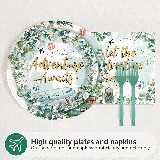 96Pcs Adventure Awaits Party Decorations Greenery Eucalyptus Travel Themed Plates and Napkins Let The Adventure Begin Baby Shower Party Decorations for Voyage Farewell Birthday Supplies Serves 24