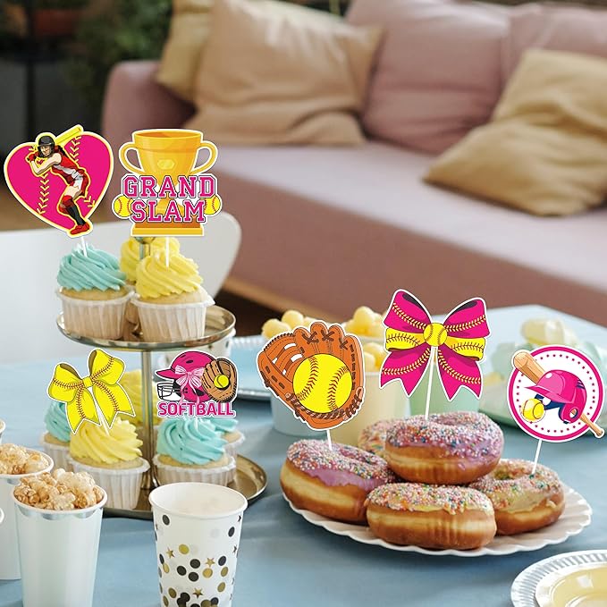 Softball Cupcake Toppers Decorations - 24 Pcs Sports Theme Birthday Cup Cake Topper Picks, Pink Yellow Baseball Sport Table Decor, Softball Holiday Party Supplies for Girls Kids Teens Women
