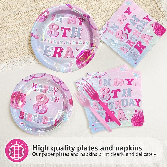 96Pcs In My 8th Birthday Party Decorations Pink Blue Plates and Napkins Popular Singer Theme Tableware Set for 8 Years Old Girls Birthday Pink Music Star Themed Party Supplies Serves 24
