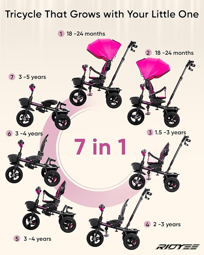 7-in-1 Tricycle for 18 Months to 5 Years, All-Terrain Rubber Tires, Dual Wheel Brakes, Rotatable Seat for Toddlers 1.5-3, Tricycle for 3-5 Years with DIY Stickers, Pink
