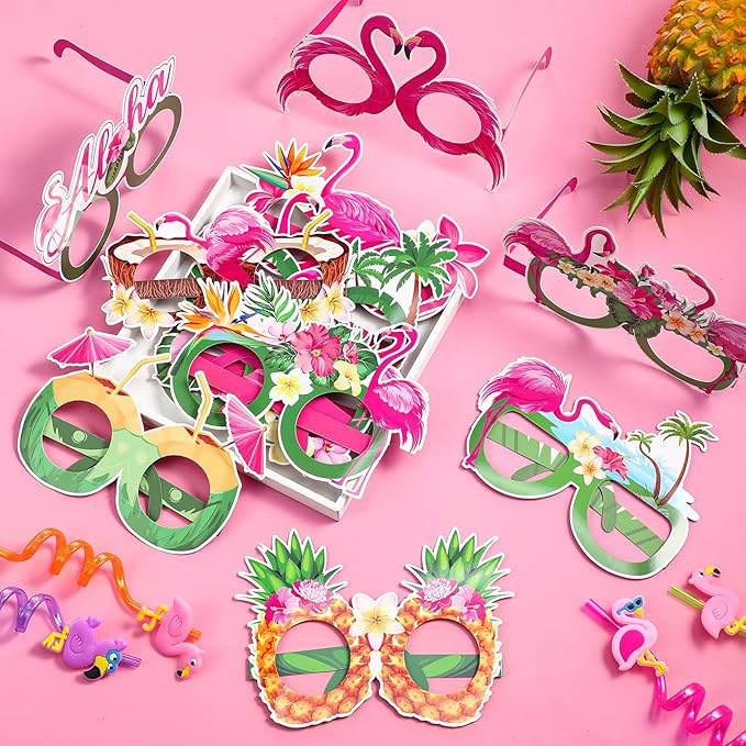 Harloon 36 Pcs Flamingo Party Decorations Eyeglasses Aloha Party Paper Glasses Favor Summer Tropical Flamingo Photo Booth Props Hawaiian Luau Eye Glasses for Pool Beach Shower Birthday Party Favor