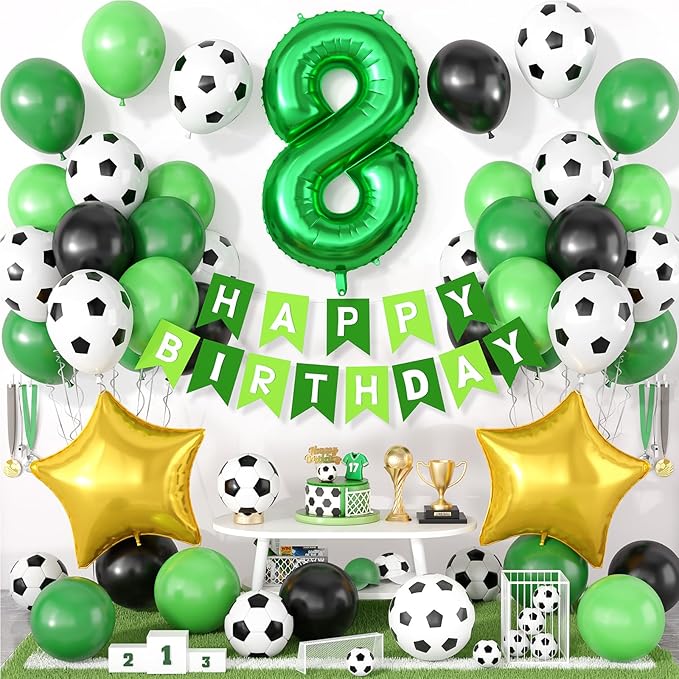 Soccer Party Decorations for Boys, 8th Soccer Birthday Decoration with Green Black White Balloons 'HAPPY BIRTHDAY' Banner Cake Toppers 32in Foil 8 Balloon for Kids Boys Men Birthday Decor