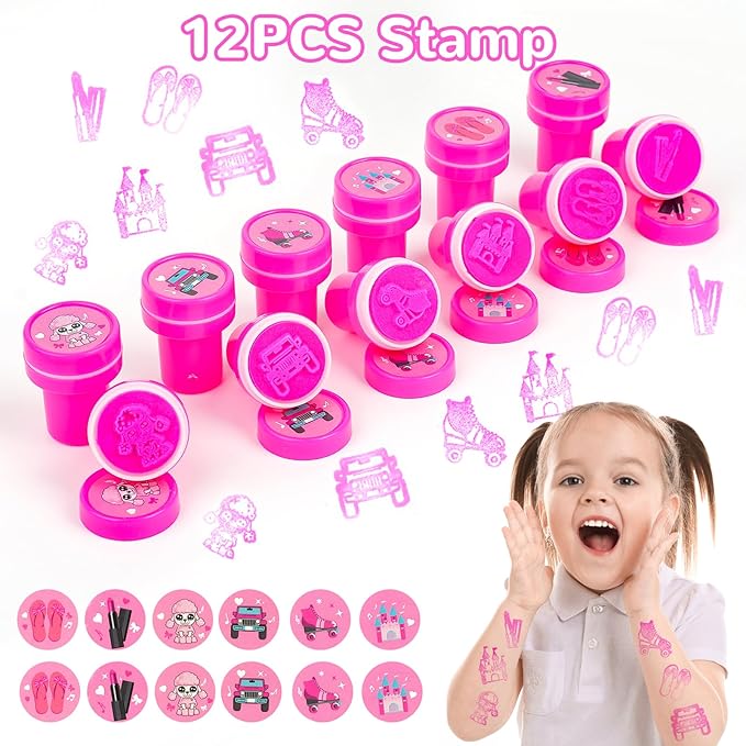 128 PCS Hot Pink Party Favors Decorations ,Princess Birthday Supplies Bracelet Stickers Pin Stamp Bubble Wand Gifts Stuffers for Girls Kids