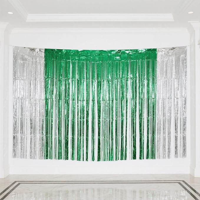 3 Packs Green Silver Foil Fringe Curtains, Birthday Party Decorations Backdrop Tinsel Steamer, Graduation Party Decorations Retirement Decor Party Backdrop