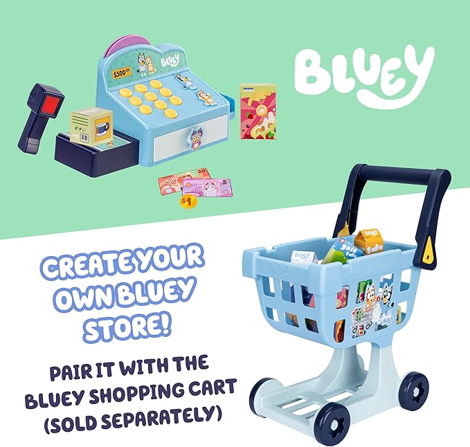 Bluey Cash Register Playset, Interactive Play Register with Detachable Scanner, Toy Credit Card, and Dollar Bucks, Shopping Toys for Kids Ages 3+