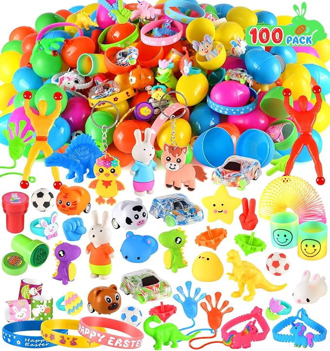 100 Pack Prefilled Easter Eggs with Assorted Toys, Bright Colorful Easter Eggs for Easter Basket Stuffers/Fillers, Easter Eggs Hunt, Classroom Prize Supplies, Party Favors Bulk for Kids