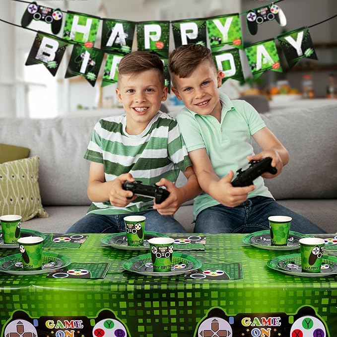 WERNNSAI Video Game Birthday Decorations - 64 PCS Game Plates Napkins and Cups Gaming Birthday Plates for Boys Gamer On Level Up Party Supplies for Gaming Theme Baby Shower Birth Anniversary Parties