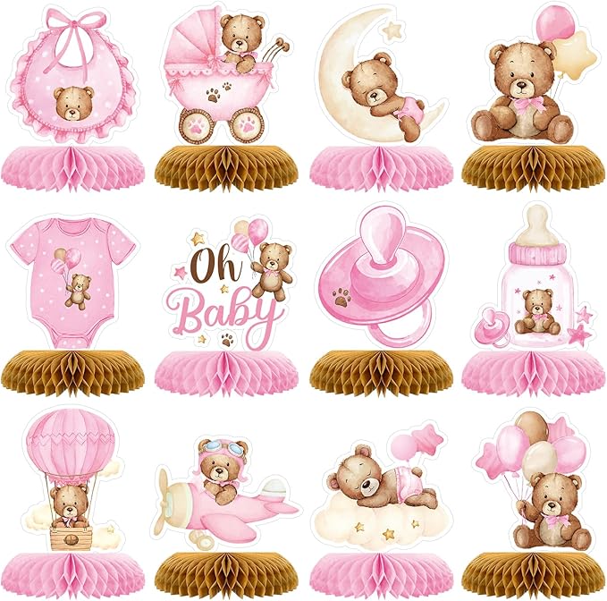 Tarklanda 12 Pcs Baby Shower Honeycomb Centerpieces Teddy Bear Themed Party Honeycomb Table Decoration Birthday Table Centerpieces for Baby Shower Gender Neutral Wedding Supplies (Pink Bear)