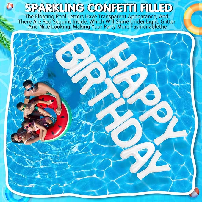 Shappy 20'' Happy Birthday Pool Large Floating Letter Balloons with Adhesive Dots Inflatable Pool Decorations for Summer Birthday Party