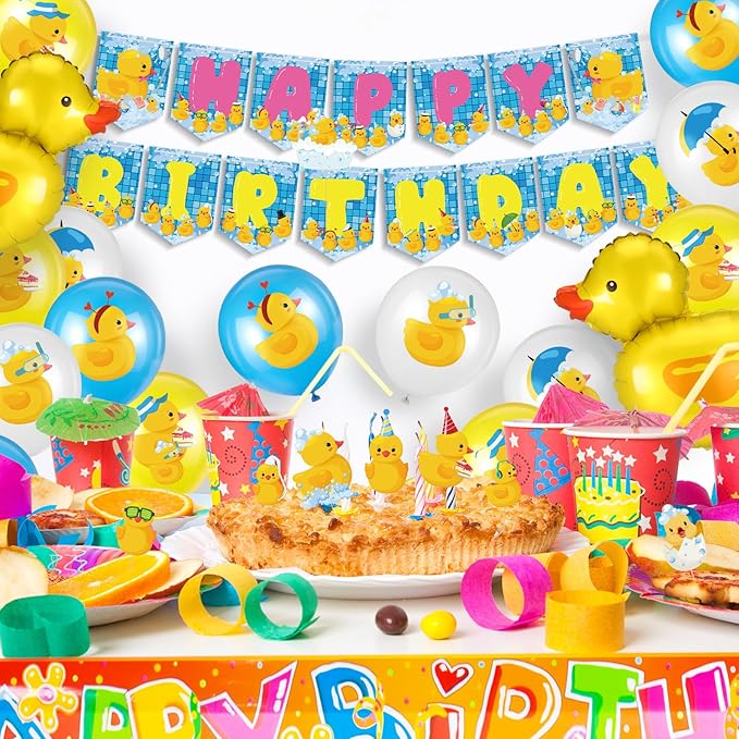 Leitee 57 Pcs Blue Duck Birthday Decorations Balloons Party Happy Birthday Banner Cake Topper Cupcake Toppers Rubber Duck Decor for Birthdays Party Supplies