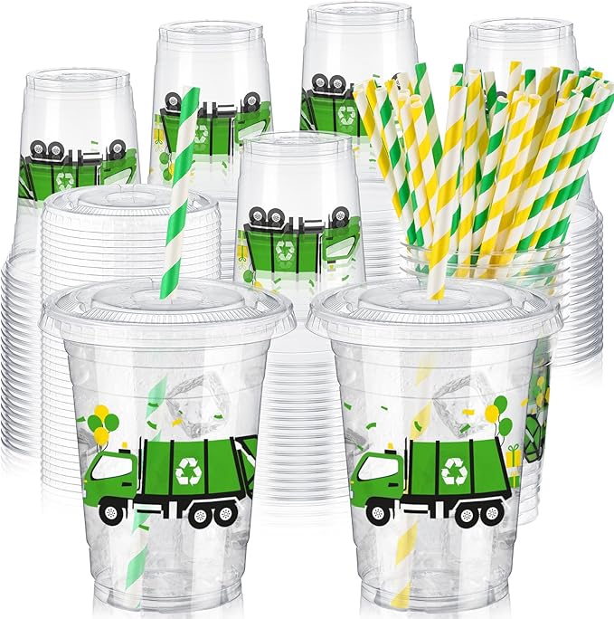 Domensi 50 Pcs Garbage Truck Birthday Party Plastic Cup 12 oz Garbage Car Thick Clear Cup Truck Mugs Trash Car Birthday Table Decorations Party Favor car Design