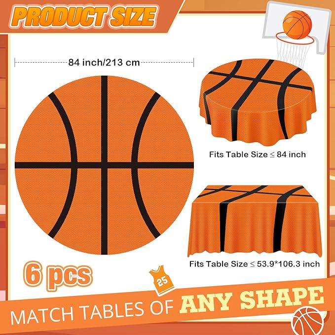 6 Pack Round Basketball Tablecloth 84 Inch Plastic Basketball Party Decorations Disposable Table Cloth Washable Disposable Circle Table Cover for Birthday Party Supplies Decoration