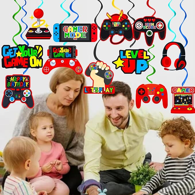 umoni Video Game Birthday Hanging Swirls Red Video Game Party Decorations 20Pcs On Ceiling Streamers Gaming Birthday Party Hanging Decorations or Level Up Baby Shower Supplies