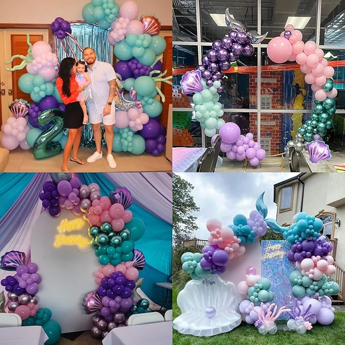 Mermaid 3rd Birthday Decorations for Girls,3rd Party Decorations Metallic Purple Green Pink Blue Latex Balloons Number 3 Seashell Foil Balloons Banner Cake Topper Sea Party Decor