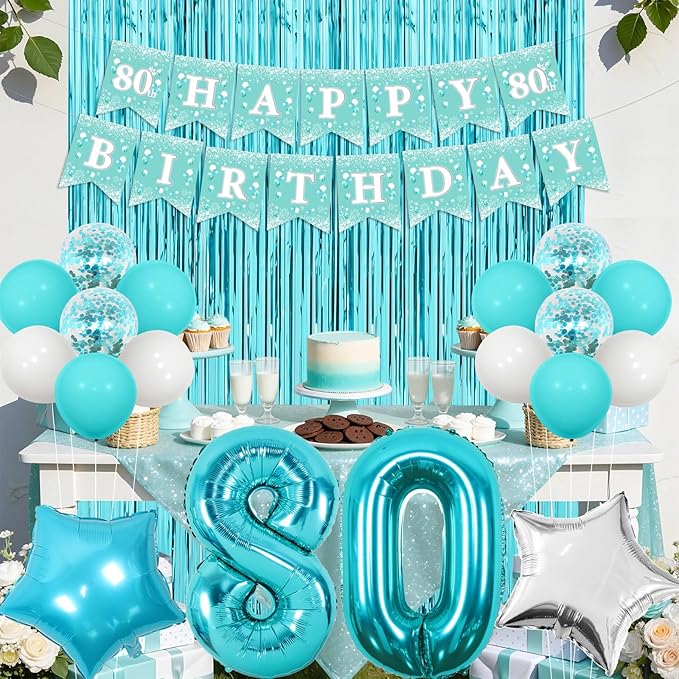 Funmemoir Teal 80th Birthday Decorations for Women - Happy 80th Birthday Banner Sash Tiara Foil Balloons Foil Fringe Backdrop and Cake Topper, Teal Blue 80 Years Old Party Supplies