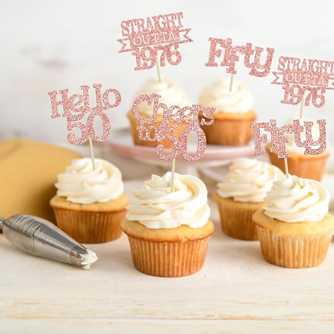 Ephlyn 24Pcs Happy 50th Birthday Cupcake Toppers Glitter Straight Outta 1976 Cupcake Picks Hello 50 Cheers to 50 Years Birthday Cake Decorations for 50th Birthday Anniversary Party Supplies Rose Gold