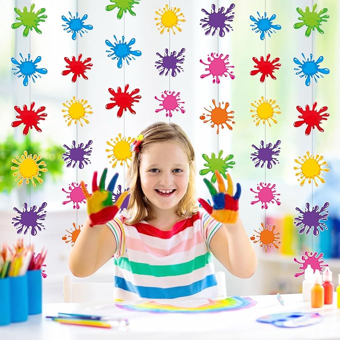 Duraaamo 8 Pcs Colorful Art Paint Party Decorations Paint Splatter Hanging Garland Paper Slime Painting Banners for Art Theme Birthday Decoration Baby Shower Slime Party Supplies Ceiling Decor