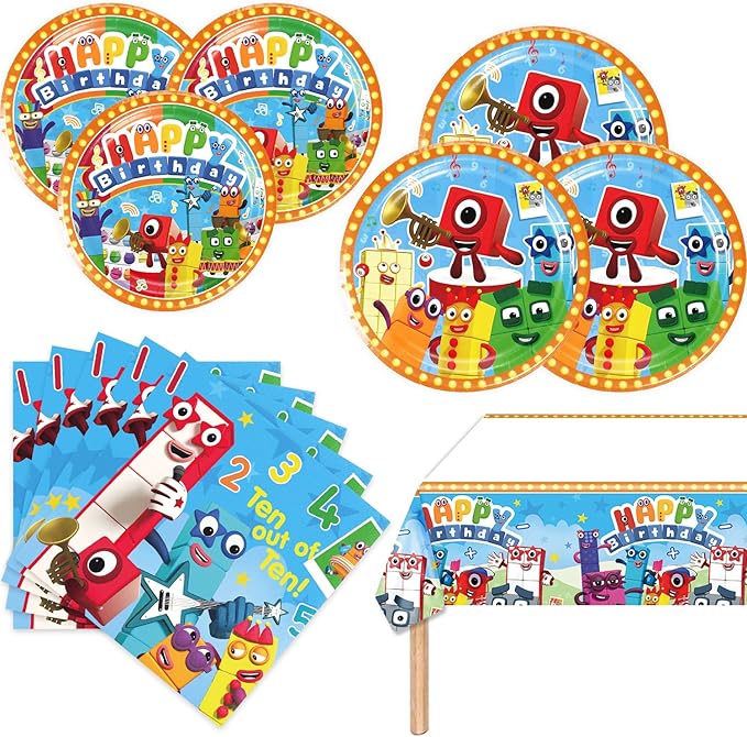 Number Blocks Party Supplies 41Pack include 20 plates, 20 napkins 1 tablecloth for birthday party Decoration (Block)