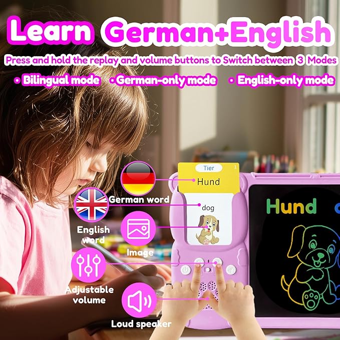 Drawing Tablet with Bilingual Flashcards for Kids - German English Talking Flash Cards, LCD Writing Pad Board, Pocket Speech for Toddlers, Learning Toy Gift for Boys Girls (German, Pink)