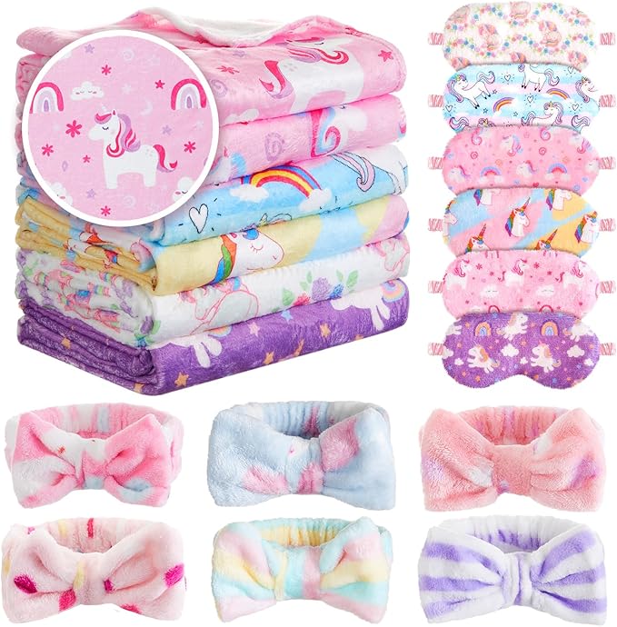 18 Pcs Sleepover Party Supplies for Girls, 6 Style Multicolor Blanket 6 Coral Fleece Spa Headband 6 Eye Mask Cover for Slumber Sleepover Spa Party (Unicorn)