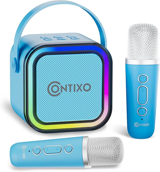 Contixo KS1 Mini Karaoke Machine for Kids, Portable Bluetooth Speaker with 2 Wireless Microphones & Dynamic Lights for Boys & Girls, Home Party Entertainment Toy (Blue)