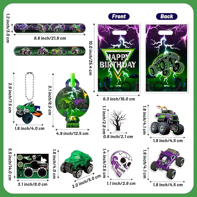 Haooryx Green Purple Monster Truck Party Favor - 122Pcs Monster Truck Slap Bracelets Sticker Blowouts Noisemaker Mini Vehicles Car Toy Keychain waith Gift Bag for Kids Birthday Party Goodie Bag Supply