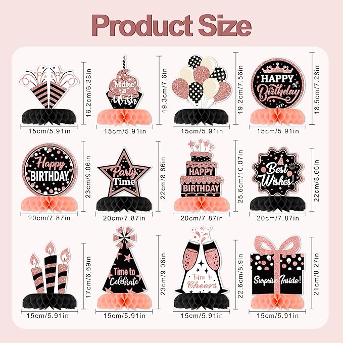 12 Pcs Birthday Table Decorations Glitter Rose Gold Black Birthday Decorations Honeycomb Centerpieces for Table Decor Girls Boys Women Men Party Supplies