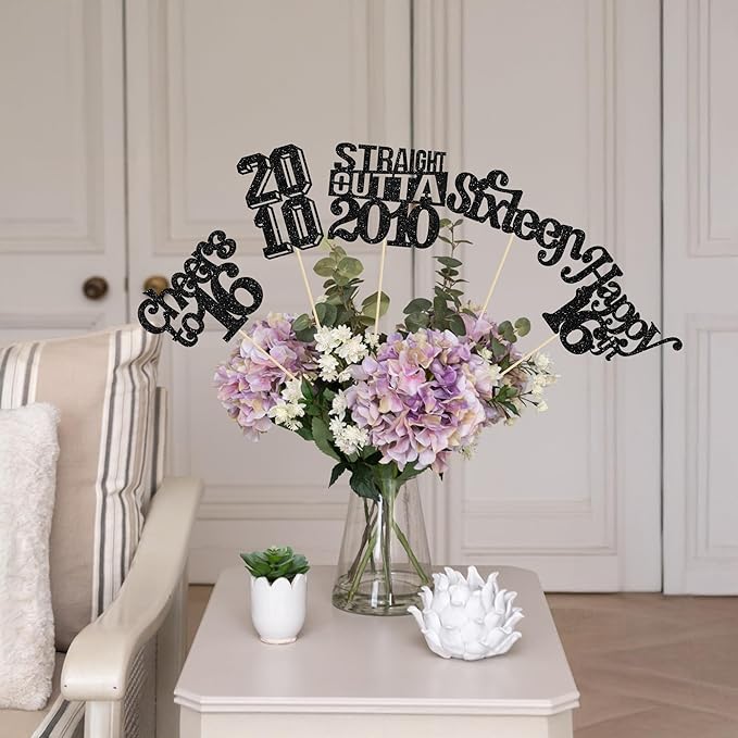 Gyufise 15Pcs Happy 16th Birthday Centerpiece Sticks Sixteen Straight Outta 2010 Table Flower Centerpieces Sticks for Cheers to 16th Birthday Party Supplies Black