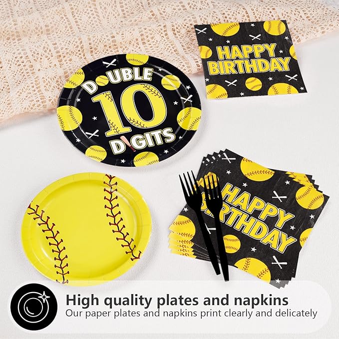 96Pcs Softball 10th Birthday Party Supplies Sport Themed 10th Birthday Plates and Napkins Yellow Black Softball Disposable Paper Tableware Set for Kids 10 Year Old Party Supplies Serves 24