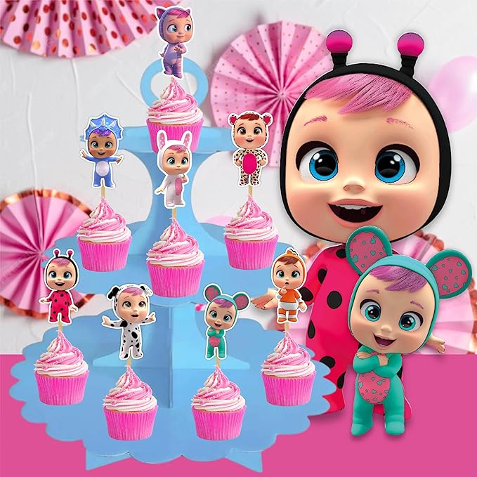 "Cri Babes Cupcake Topper – Cute Cartoon Baby Doll Theme Birthday Party Cupcake Picks – Adorable Cupcake Decorations for Birthday Celebrations, Baby Showers, and Themed Party Dessert Tables"